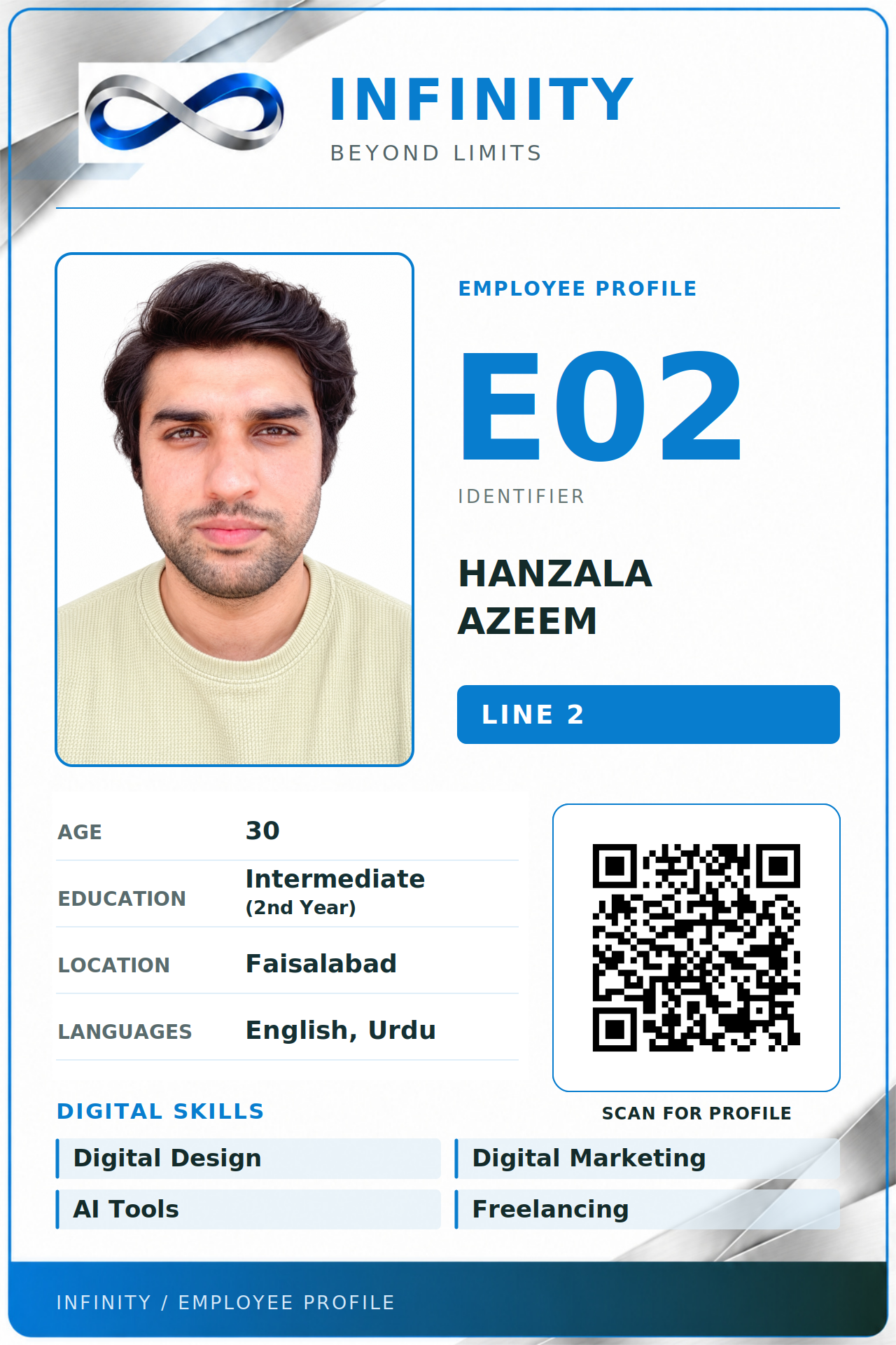 INFINITY employee card: E02 — Hanzala Azeem
